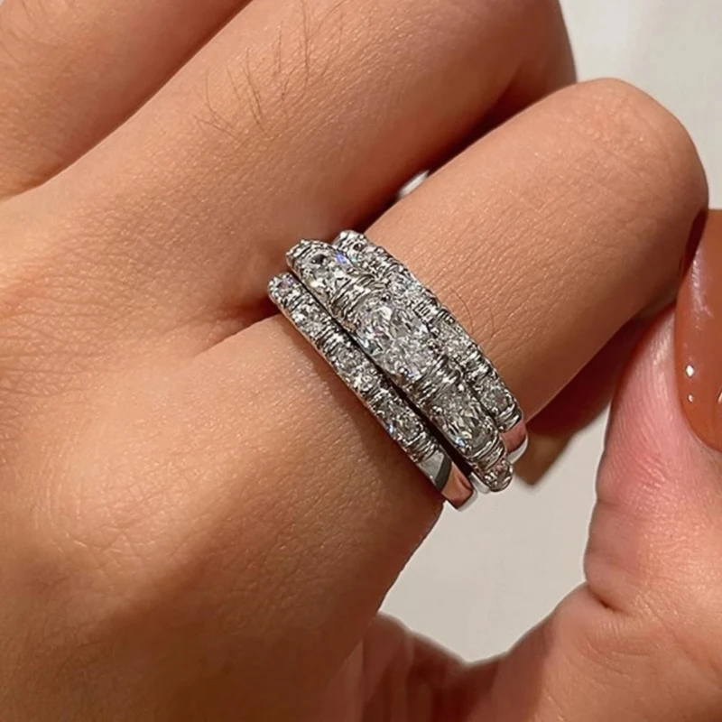 CAOSHI Bridal Stack Ring Shiny Cubic Zirconia Main Stone Micro Pave CZ Matching Band Silver Color Women Party  Wedding Jewelry