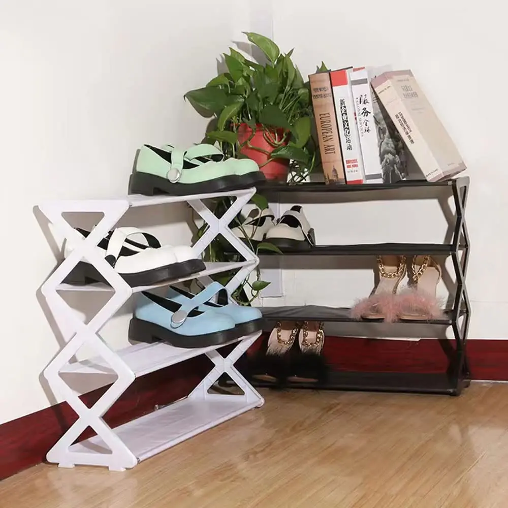 Stackable Shoe Rack Entryway Assembly Freestanding Shoe Shelf X-Shaped Closet Organizer Holder Stand Foldable Shoe Storage Rack