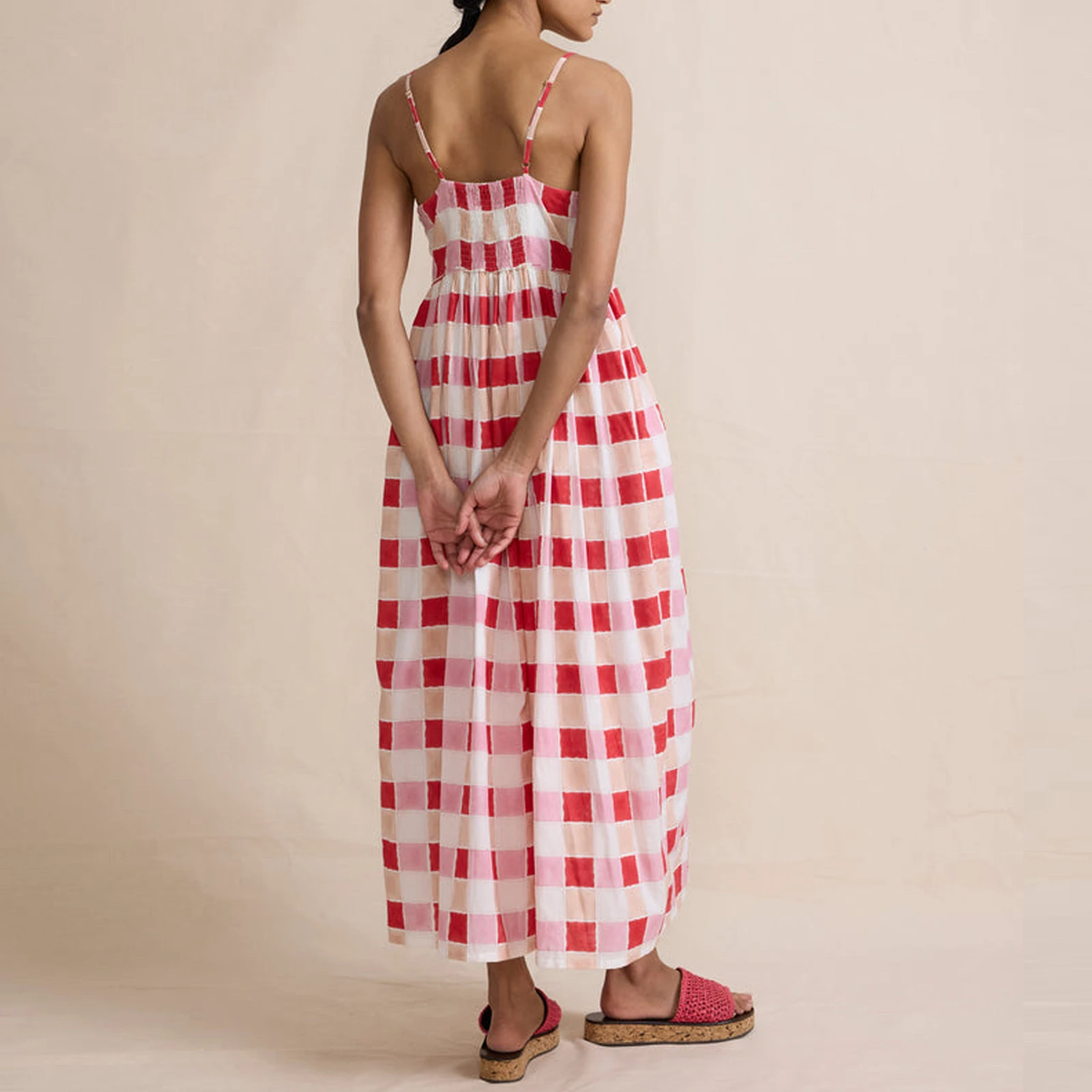 Women Cami Dress Plaid Print V-Neck Spaghetti Straps Sleeveless Backless A-line Dress Long Dress