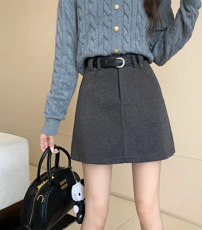 Autumn Winter Korean Wool Pleated Skirts Women High Waist Vintage All-Match A Line Skirt Y2K Ladies Streetwear Office Skirt D824
