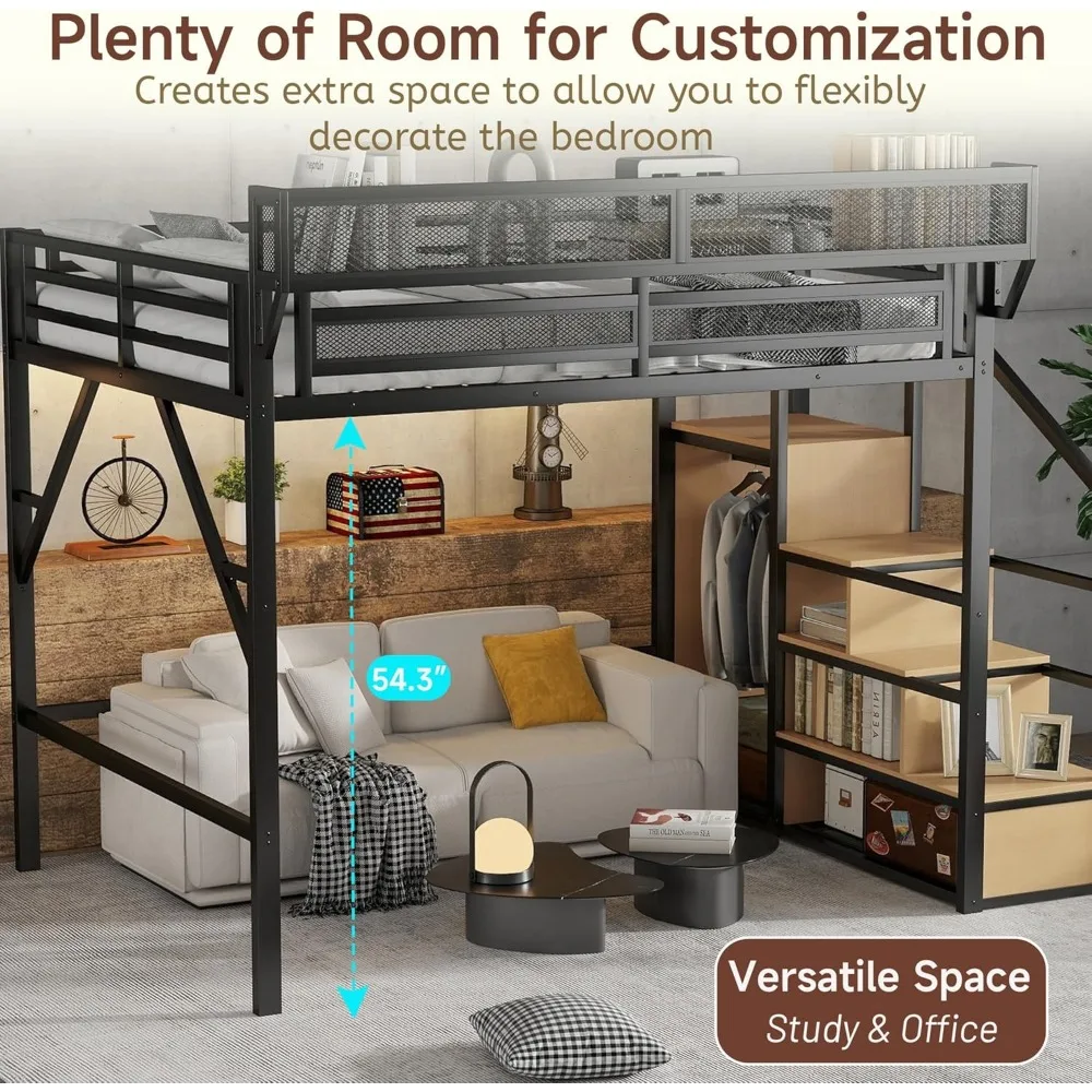 Letto a soppalco full size con scale e contenitori, struttura letto a soppalco in metallo con ripiano sul comodino e ampio spazio sotto il letto, letto resistente per