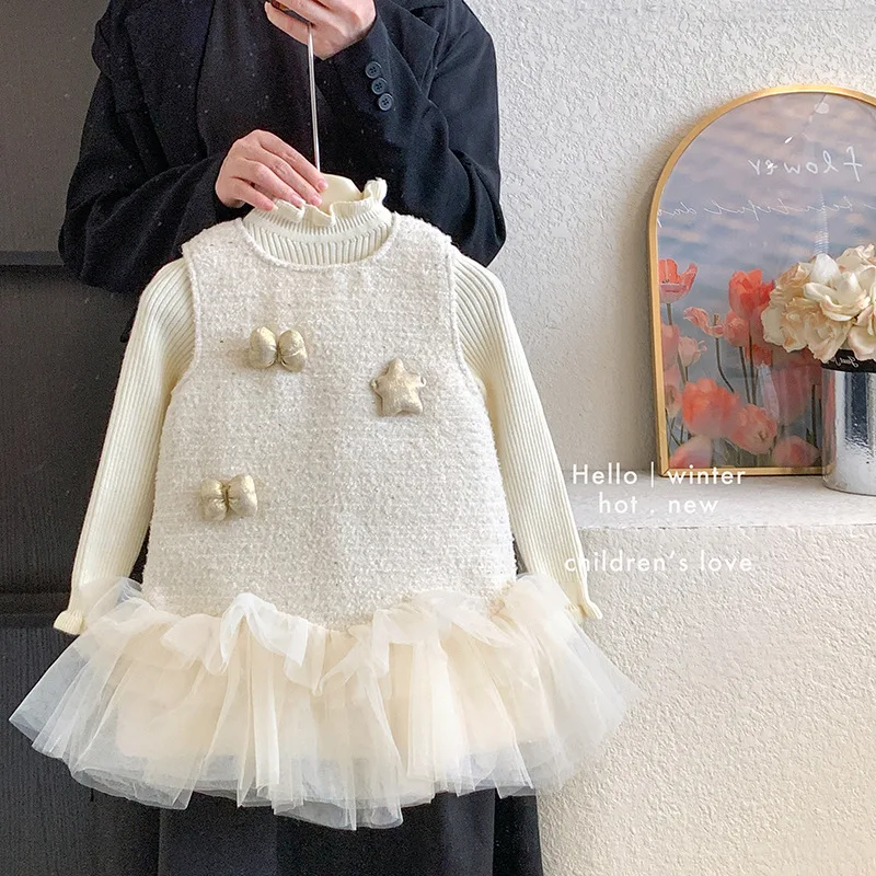 

Girls' Autumn Winter Dress2025New Stylish Knitted Top with Fleece Sleeveless Bow Dress Two-Piece Set