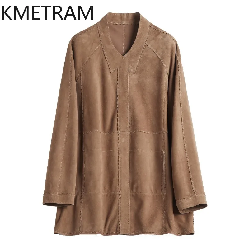 KMETRAM Reversible Genuine Leather Jacket Crossbred Sheep Suede Woman Leather Coats Mid Length Jackets of Woman Loose Jaqueta