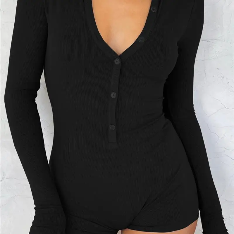 

Женский облегающий комбинезон с короткими брюками, повседневный, на пуговицах, хлопковый, с длинным рукавом, V-образным вырезом, осенний, новый, модный, цельный костюм