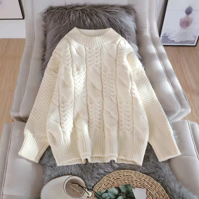 

Women's round Ne Knitwear Thiened Loose Lazy Sle Winter New Faion Long Sve Sweater Sweet Pure Color Straight Cut Top