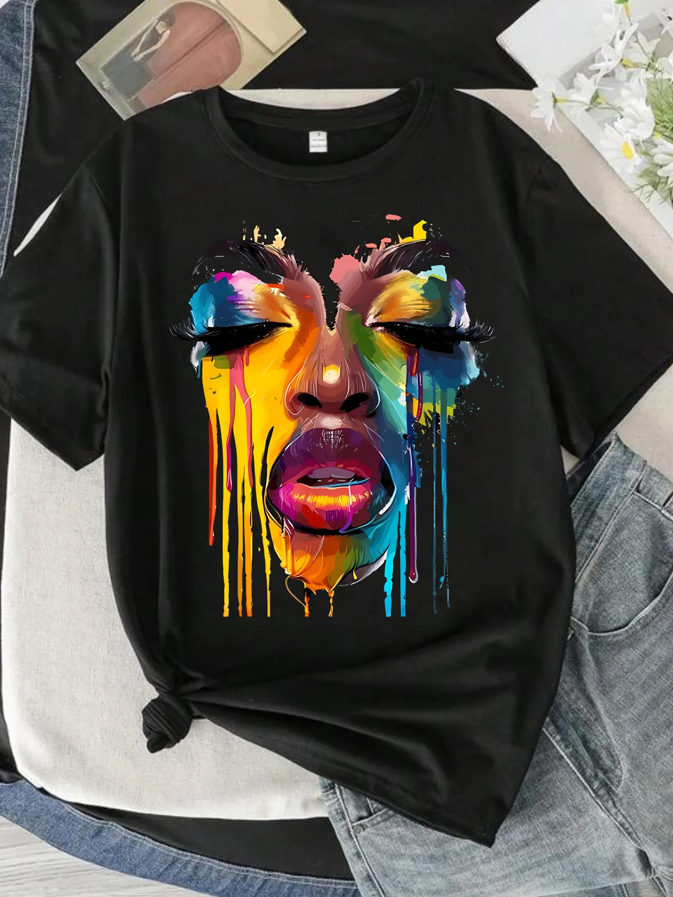 

Painted face Plus size women's round neck short sleeve T-shirt with elastic half sleeves and trendy prints