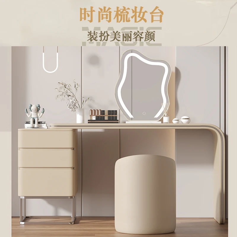 

Italian dressing table, bedroom, modern minimalist cream style retractable integrated cabinet, dressing table, light luxury leat