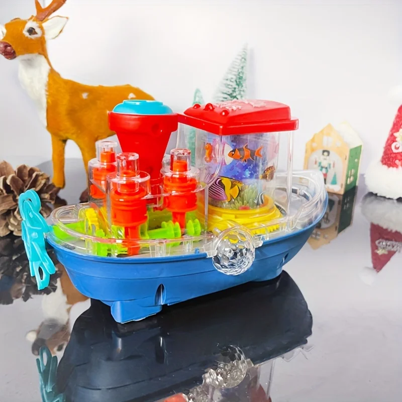 Przezroczysta statka z przekładniami, elektryczna uniwersalna zabawka, fajne zabawki, które uwielbiają dzieci (bateria nie jest dołączona), kolorowe światła, melodyczna muzyka.
