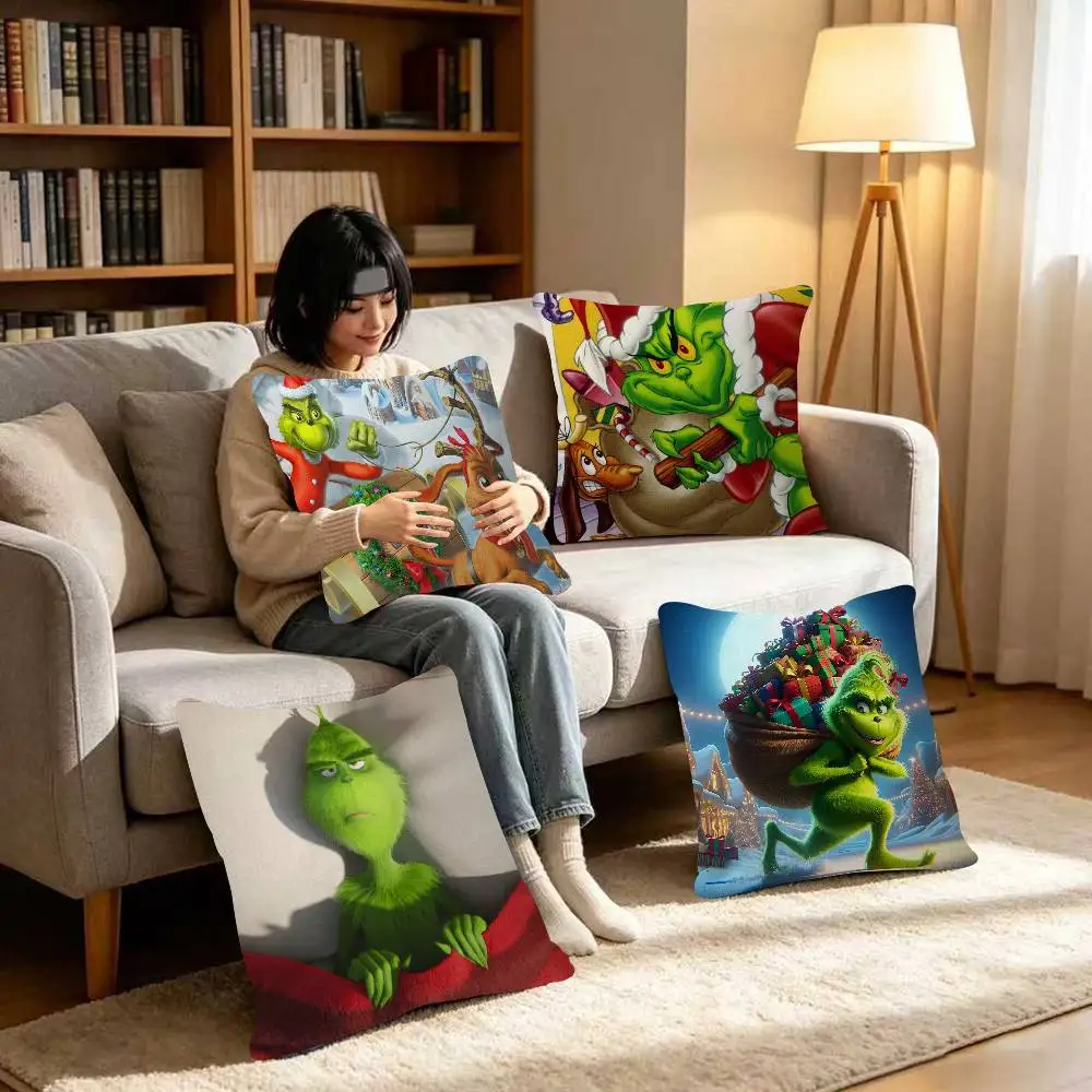 Funda de cojín decorativa de invierno con diseño de Grinch para Navidad, regalo para el hogar, oficina, dormitorio, sofá, coche, 45x45