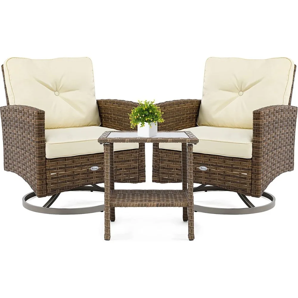 3-Piece Outdoor Patio Furniture Garden Bistro Rocking Set Rattan Chair Cushion