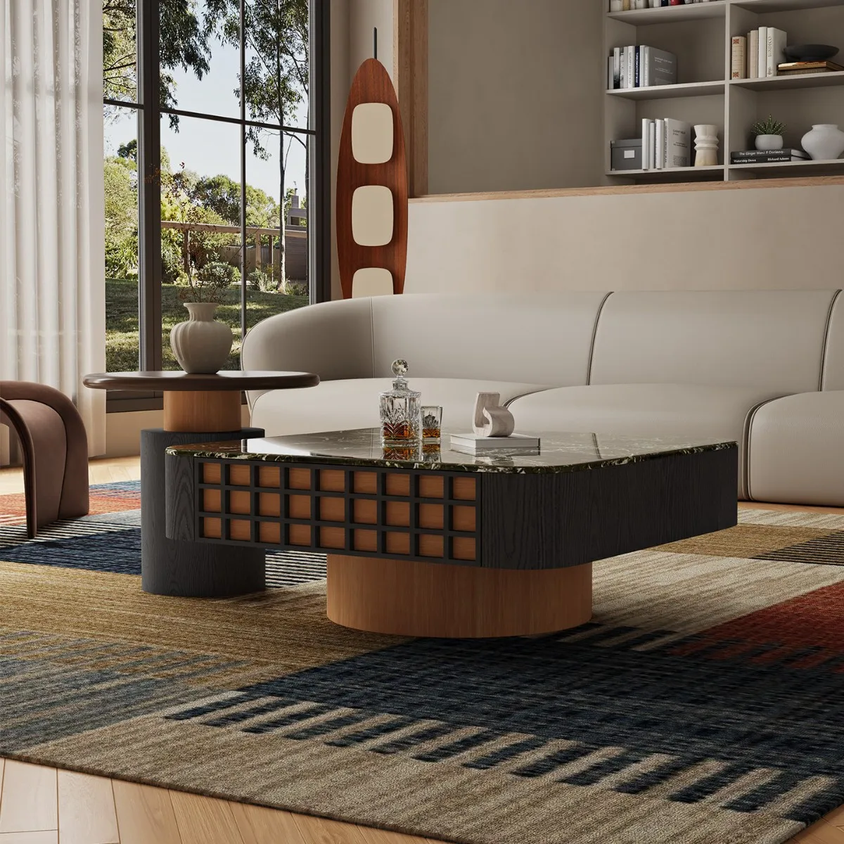 #Modern Two-Piece Stone Coffee Table with Wood Top and Frame for Small Apartment Living Room Home Furniture