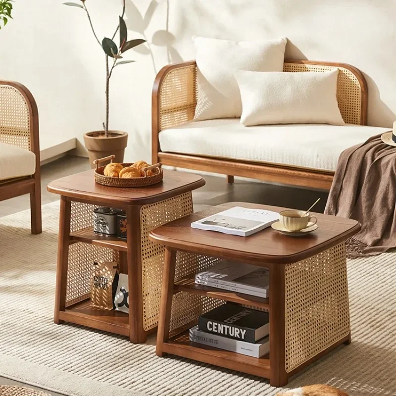 Square coffee table size high and low combination solid wood rattan square edge few small low table