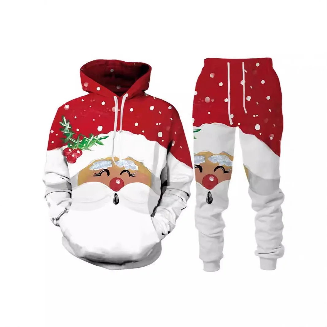 طقم سويت شيرت وسروال بقلنسوة بطابع عيد الميلاد للرجال طقم طباعة رقمية كاجوال فضفاض بأكمام طويلة مبطن حراري مكون من قطعتين #1