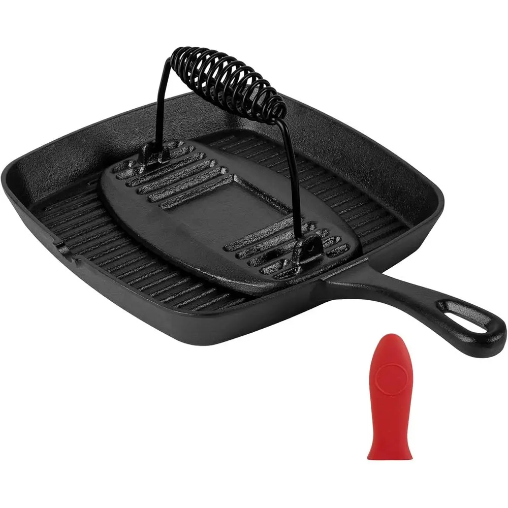 

Cast Iron Grill Pan,9.25" Pre Seasoned Skillet with Pour Spouts,Silicone Handle Cover or Indoor and Outdoor Grilling,Durable Ove