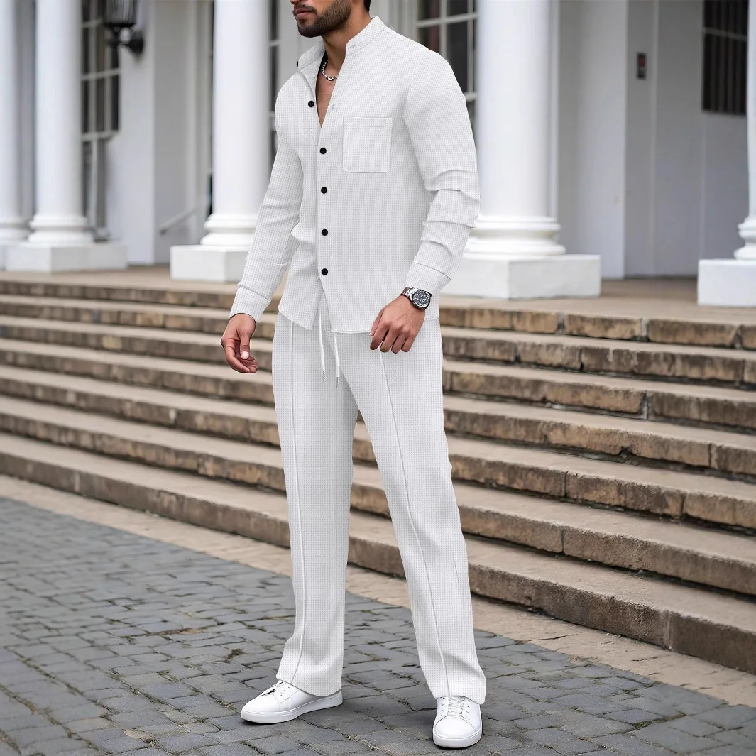 

New men's casual comfortable waffle plain-colored cardigan and elastic waist pants set (suitable for spring and summer wear)