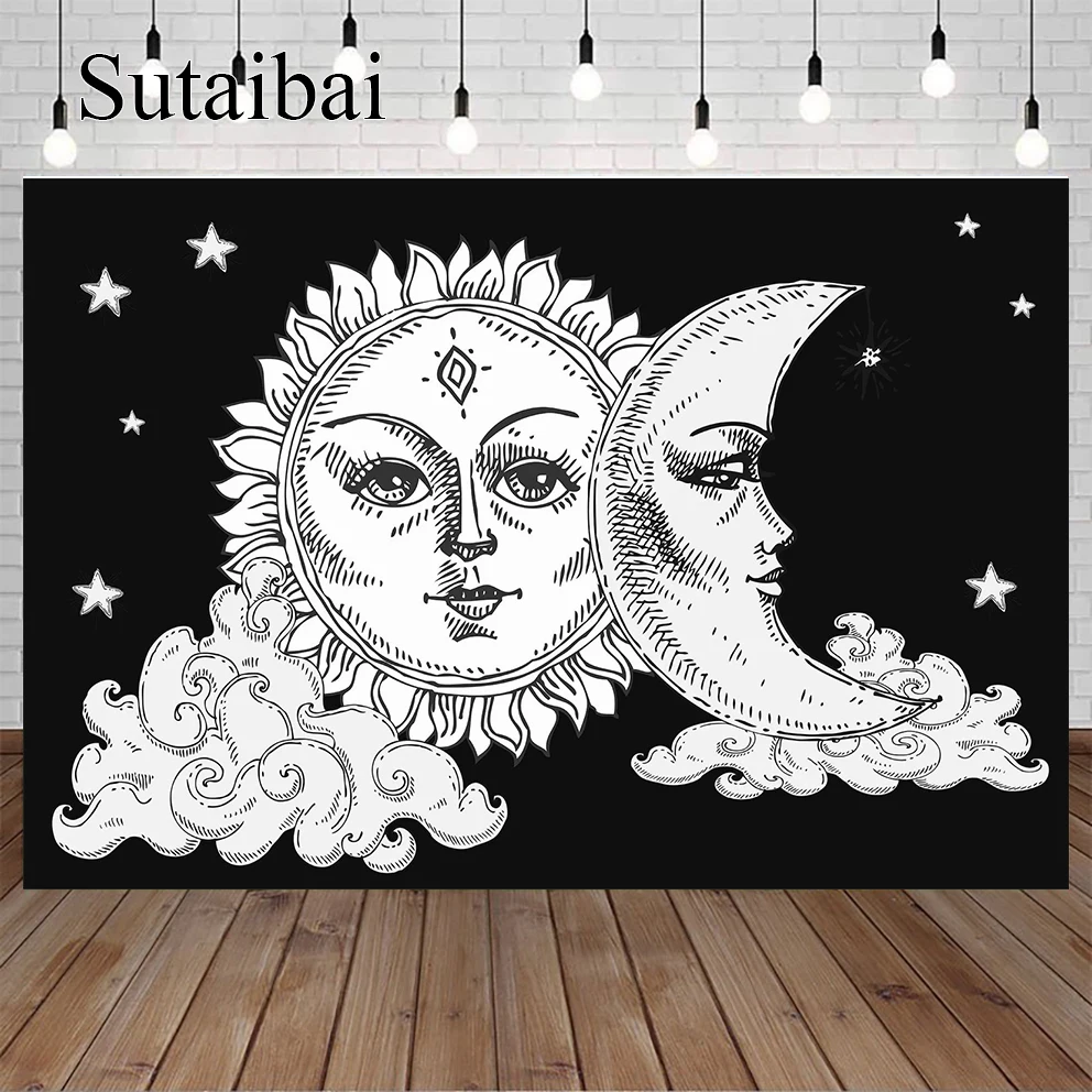 White Sun and Moon with Face Photo Backdrop Kids 1st Birthday Bathroom Decoration Stars Photography Background Black Vinyl