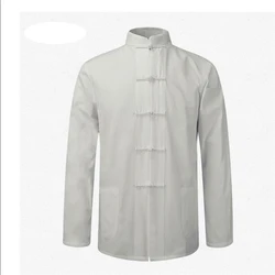 Thin Jacket for Men White Long Sleeve Cotton Shirt Traditional Chinese Clothes Tang Suit Coat Clothing Kung Fu Tai Chi Uniform