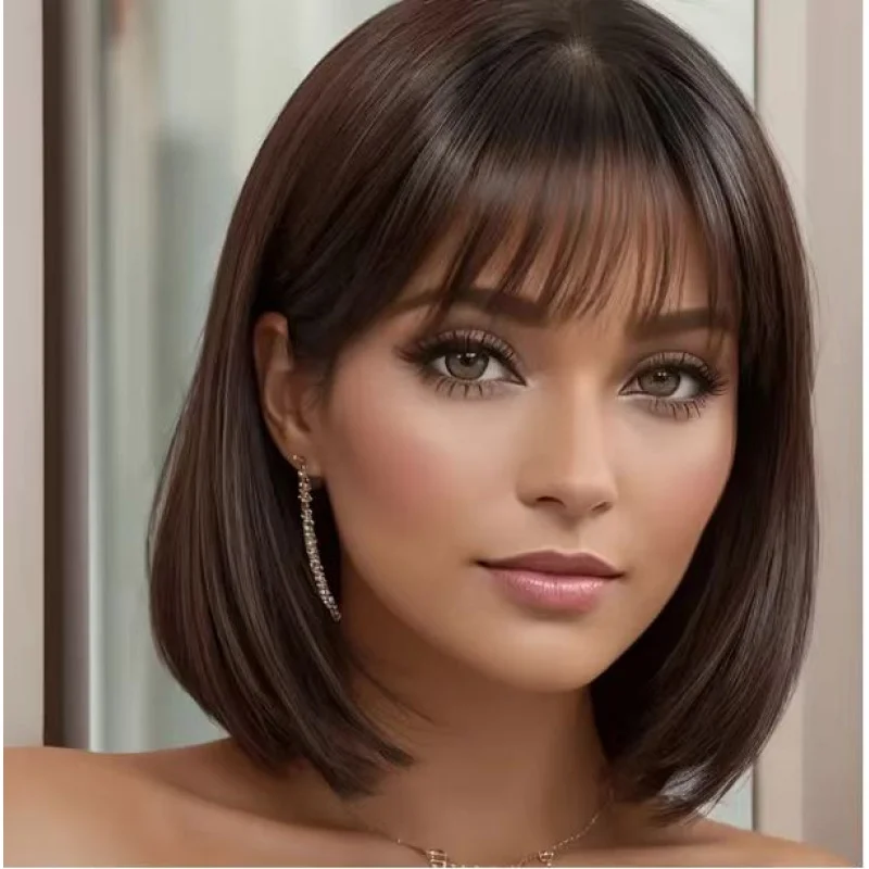 

European and American Style Women's Bob with Bangs French Air Bangs Dark Brown Short Straight Hair Wig