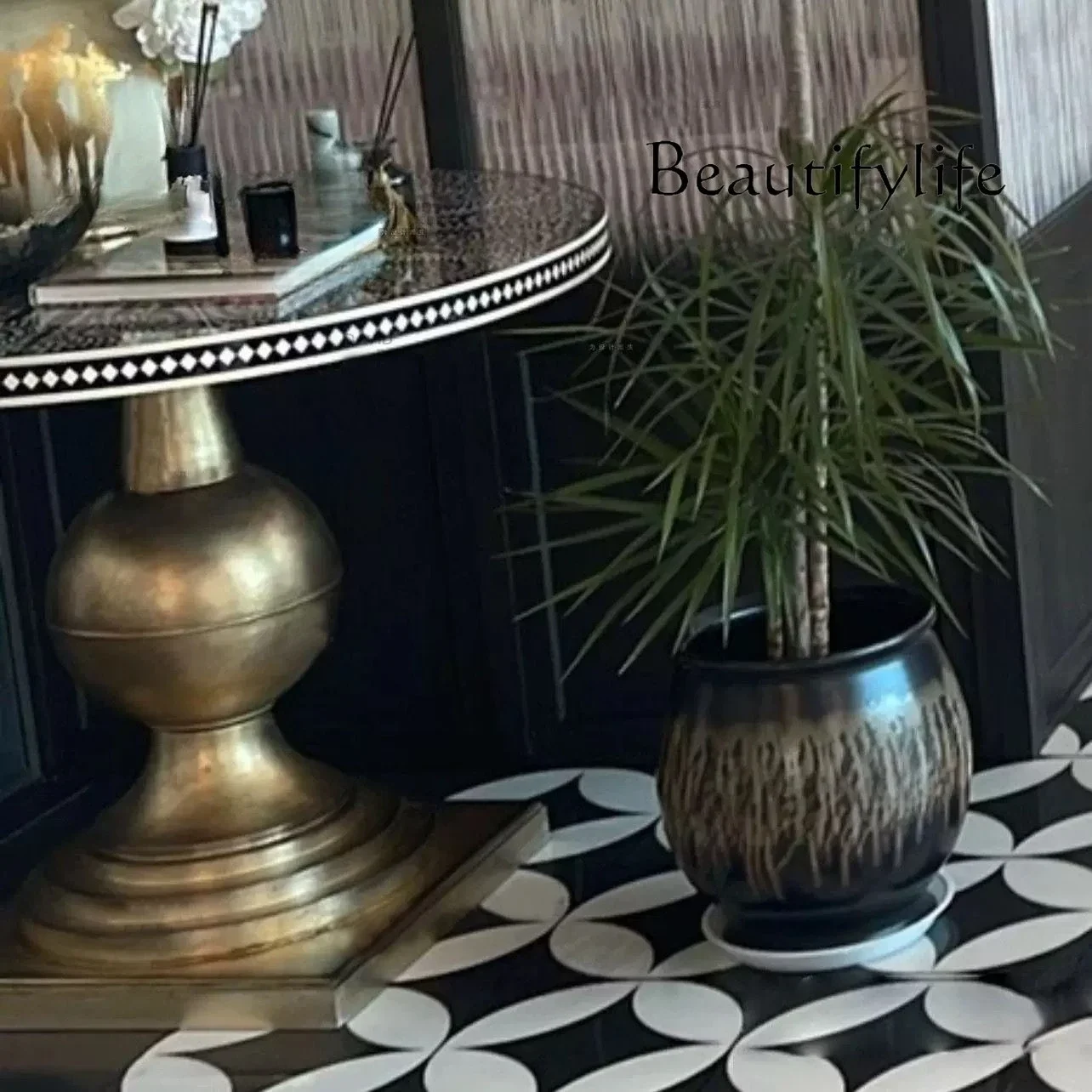 

Q круглый обеденный стол из цельного дерева в американском стиле ретро, старинный бытовой журнальный столик для небольшой квартиры, французская римская колонна, ручная роспись