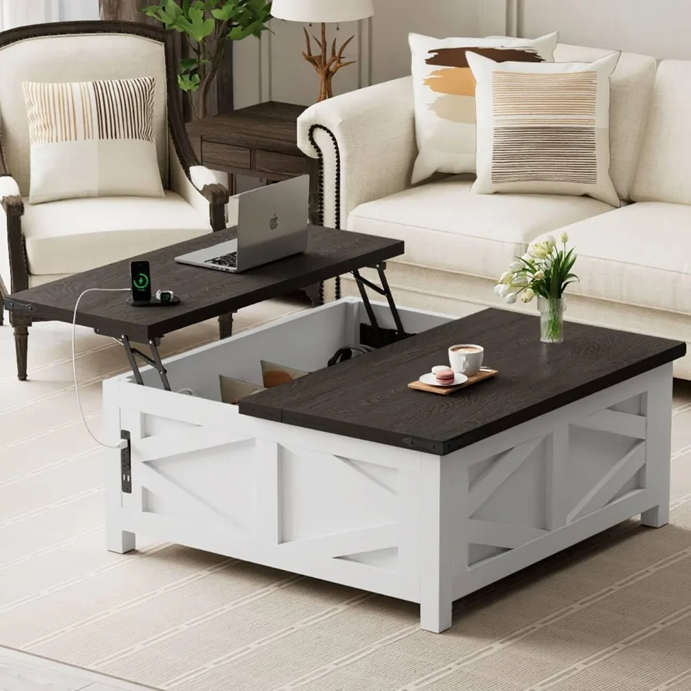 

Farmhouse Lift Top Coffee Table with Storage, Wood Square Center Table with Charging Station, Living Room Table with Large Hidde
