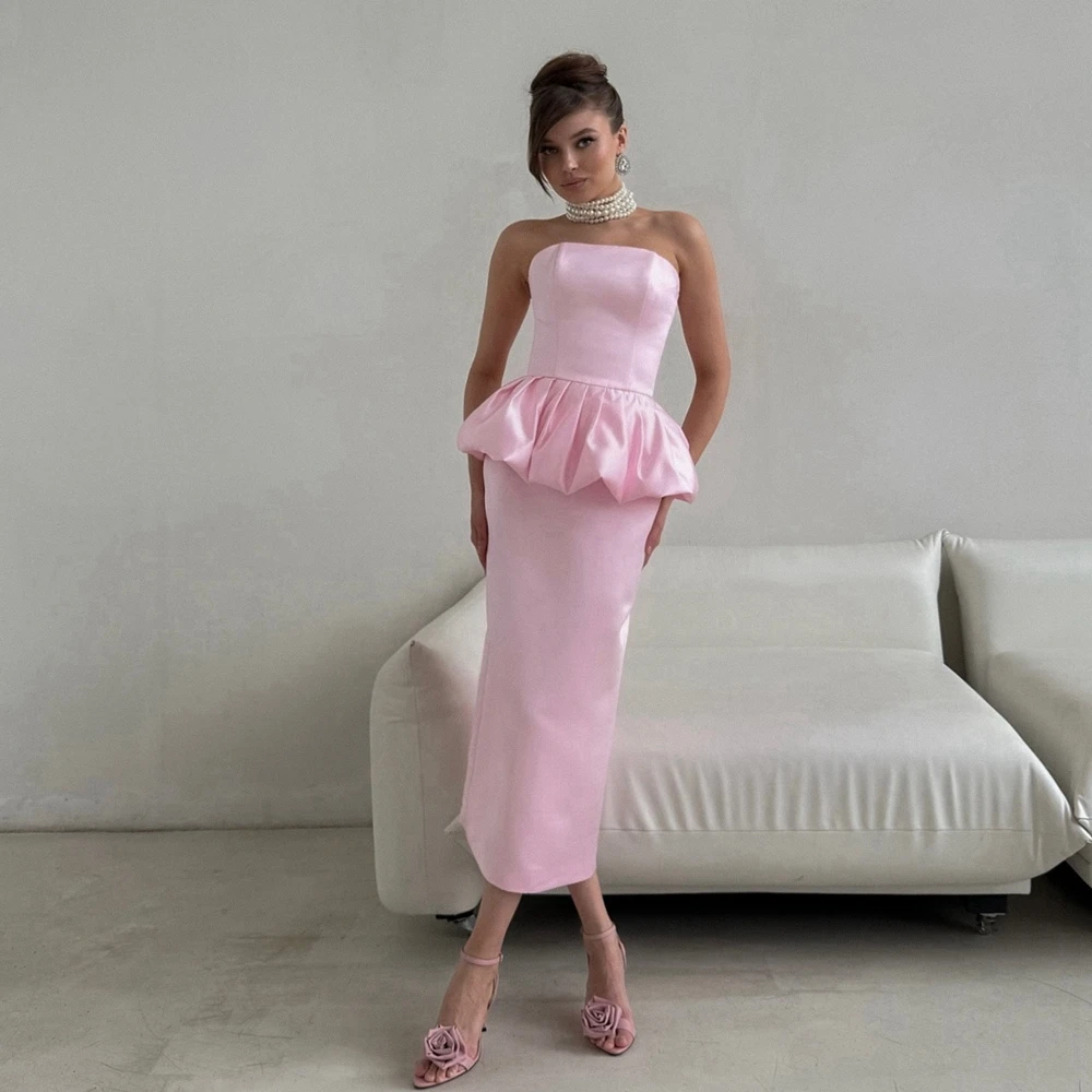 

Modern Pink Satin Strapless Midi Party Dress with Puffy Ruffles Taffeta Mermaid Women's Special Occasion Dresses Evening Gowns