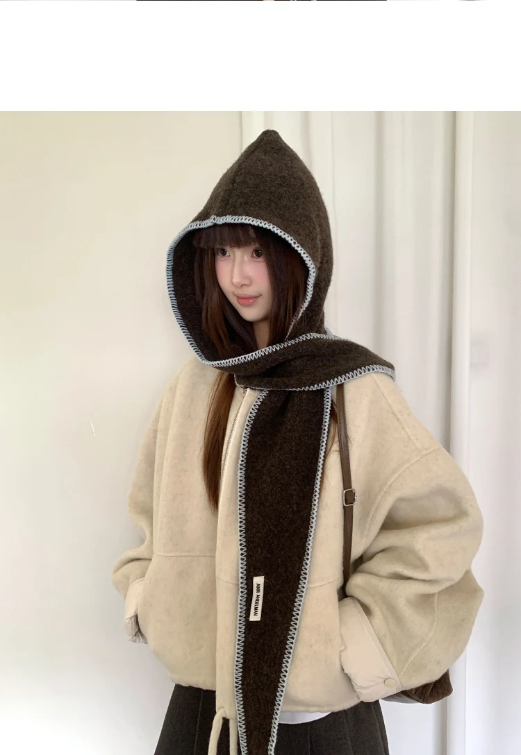 Winter Edge-Locked Balaclava Hat For Women, Slimming Face Effect, Ear-Protecting, Knitted Warm Hat And Scarf All-In