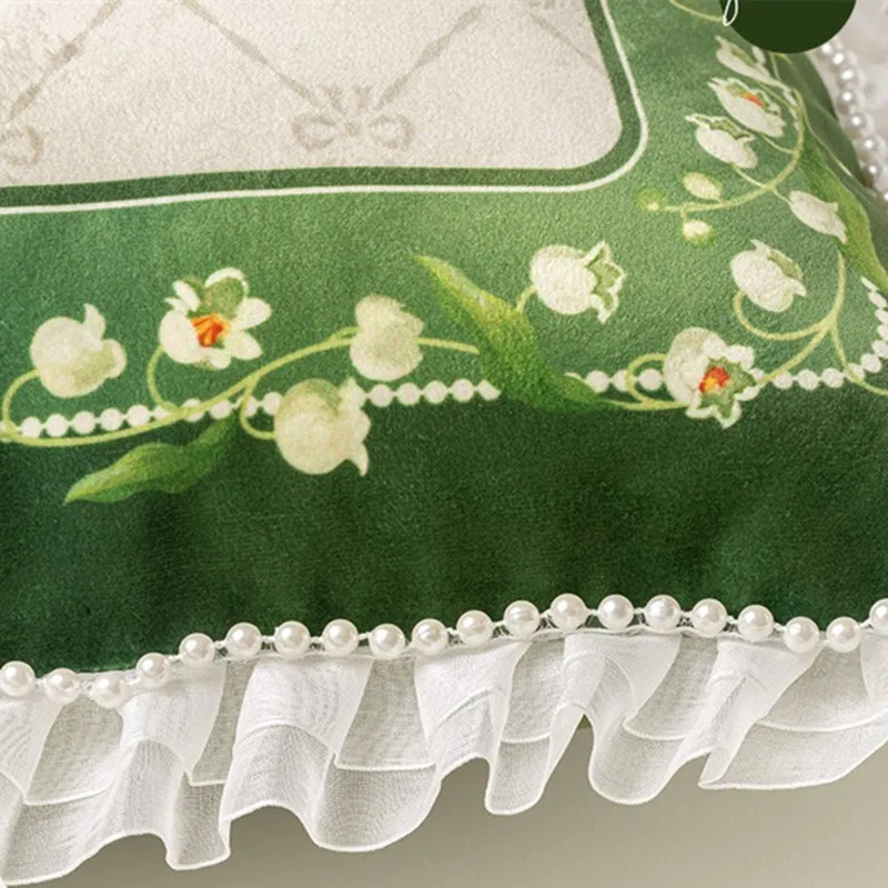 Square Floral Velvet Cushion Cover,Lily of The Valley,Pearl Lace,Decorated,Home,Office,Sofa Pillowcase,French Shell,45cm Green