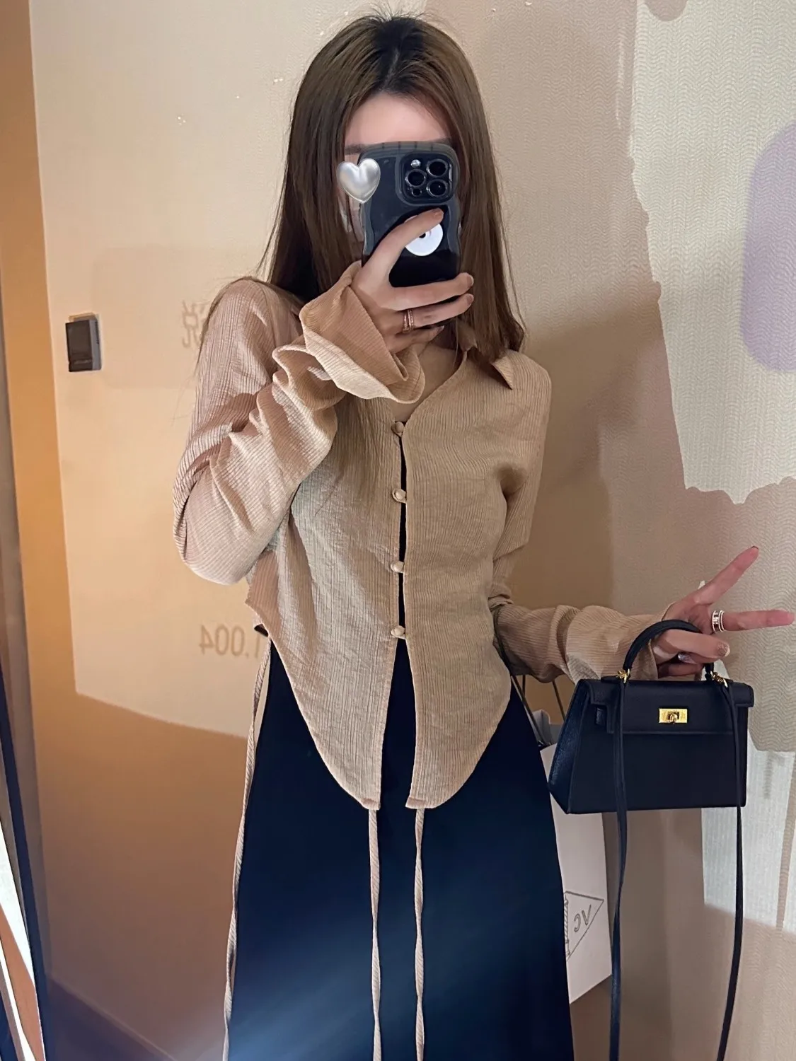 Camicie corte Donna Nastri Hotsweet Protezione solare delicata Manica svasata Risvolto sottile Tempo libero Stile coreano Office Lady Camicie sexy Solido