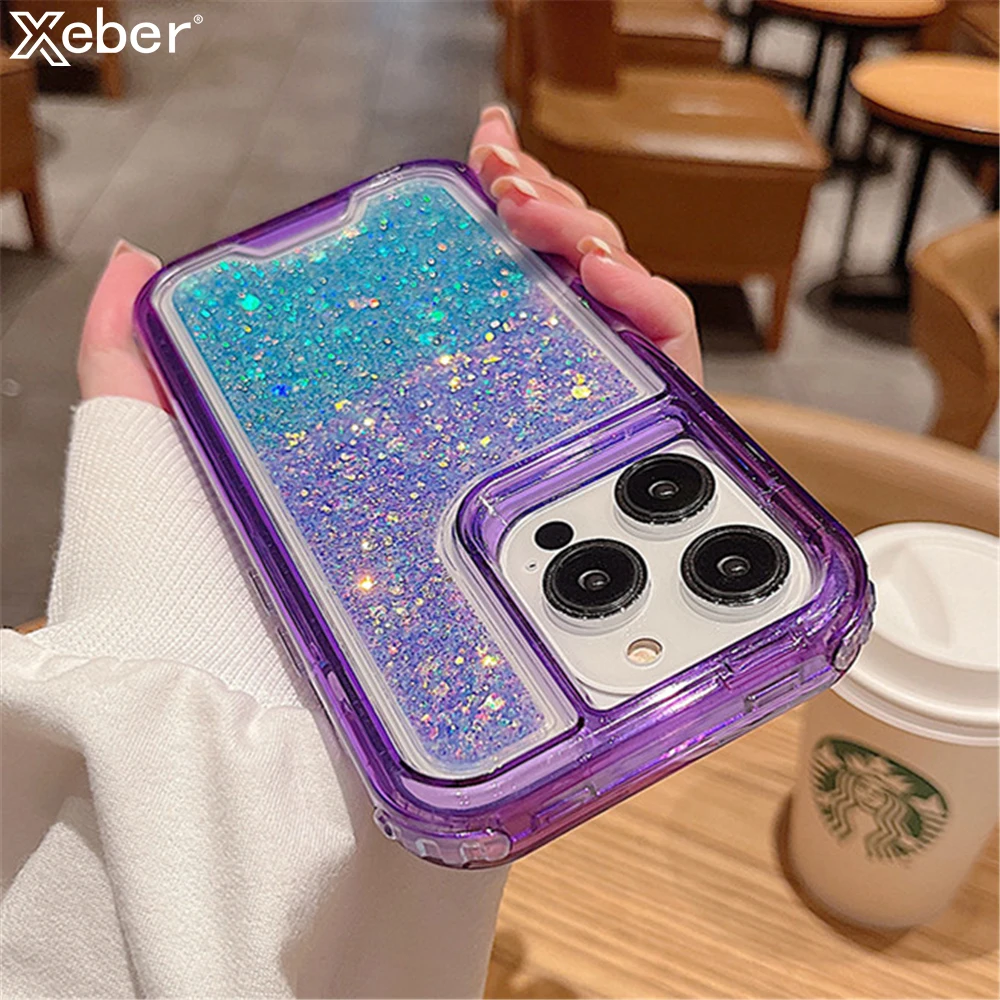 3in1 Gradient Glitter Bling Transparent Phone Case For iPhone 15 14 11 12 13 Pro Max Plus X XR XS Heavy Shockproof Armor Cover