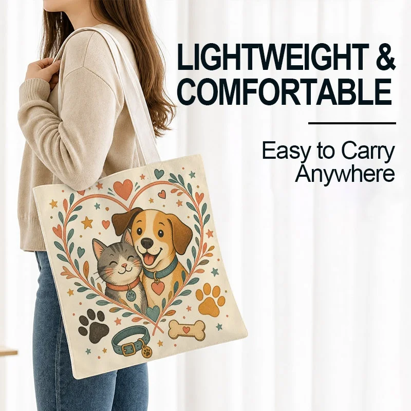 Pastel Cat & Dog Tote Bag- Cute Heart Leaf Wreath Shoulder Purse with Brown-White Puppy & Gray Kitten Print Ladies' Shoulder Bag