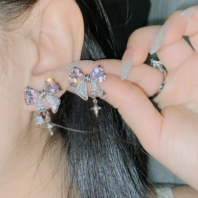 MDL مويسانيتي نمط تألق النجمي القوس القلب زركونيا الحلو أقراط 18 كيلو مطلي الكتاب الأحمر الصغير عالية تصميم حلقة #2