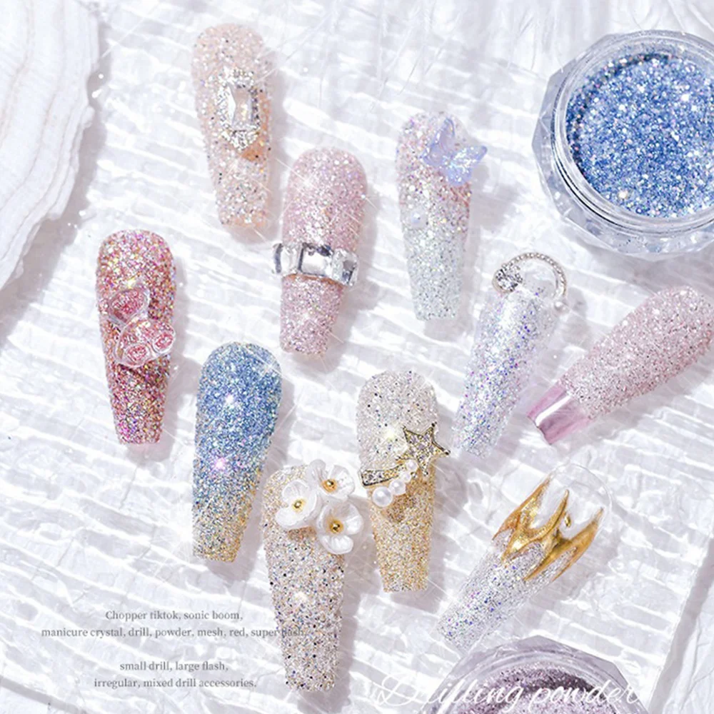 6/8Pcs Reflective Crystal Diamond Nail Art Powder Holographic Glitter  Micro Drill Chrome Pigment Sparkly Manicure Decorations *