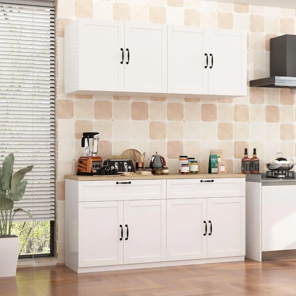 Kitchen Cabinets, Pantry Kitchen Storage Cabinet with Countertop, Pantry Cabinet with Drawers & Doors, Kitchen Cabinets