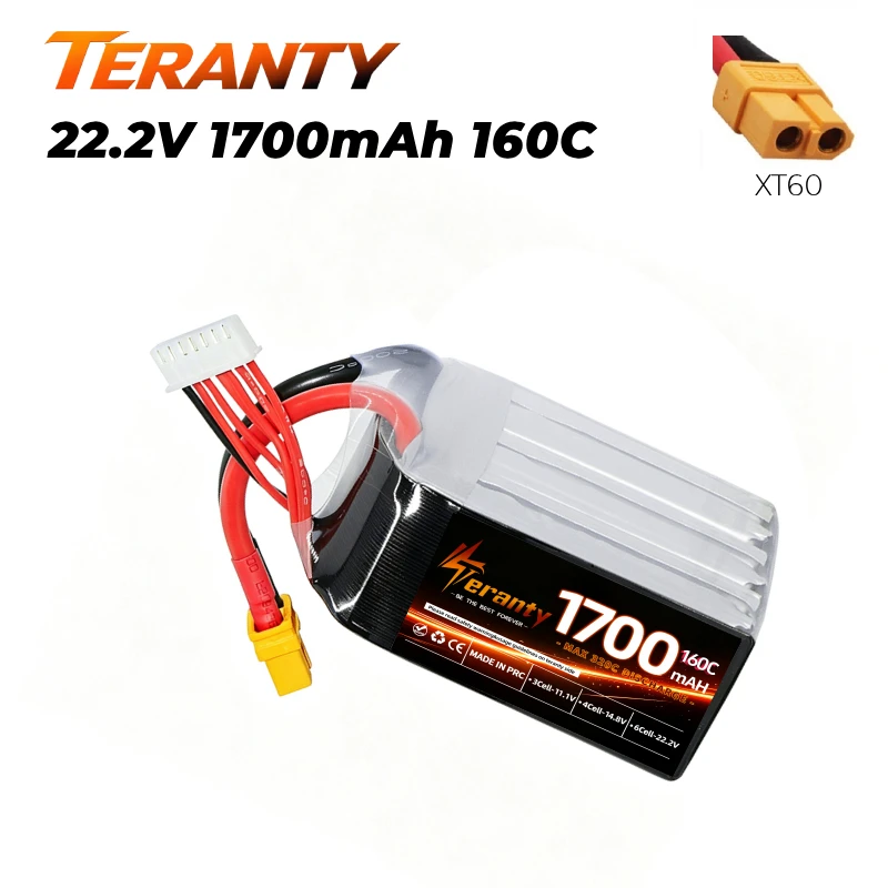 1700mAh 6S 22.2V 160C Lipo Battery Teranty High Power Lithium Battery for 5inch Racing Drone RC Racing Boat Aerobatic Helicopter
