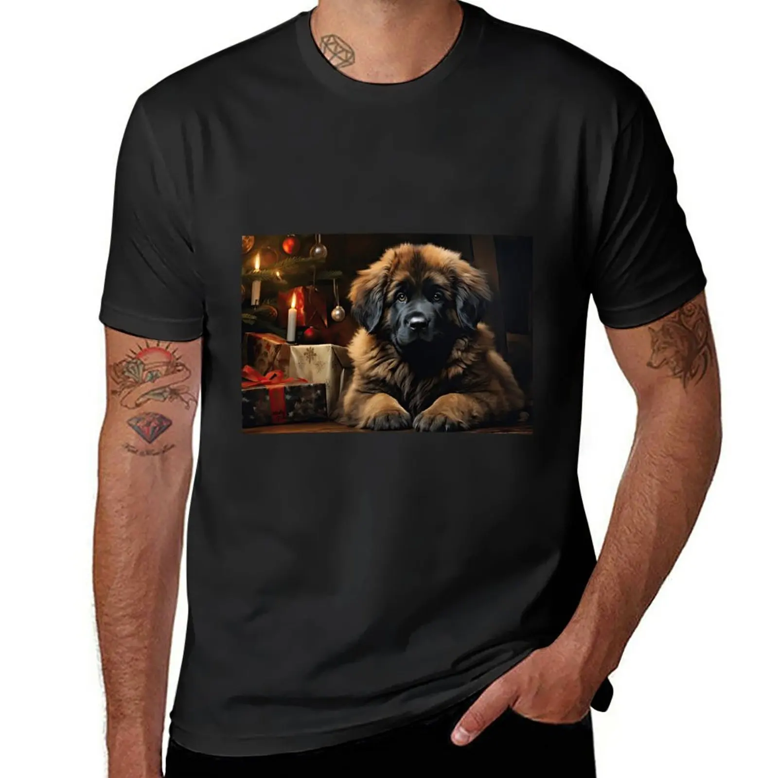 Leonberger dog puppy under the Christmas tree T-Shirt graphic t shirt mens big and tall t shirts