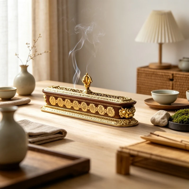 Vintage Brass Incense Burner Censer Tray Holder Carved Auspicious Symbols Long Box for Temple Home Meditation Decor Gift