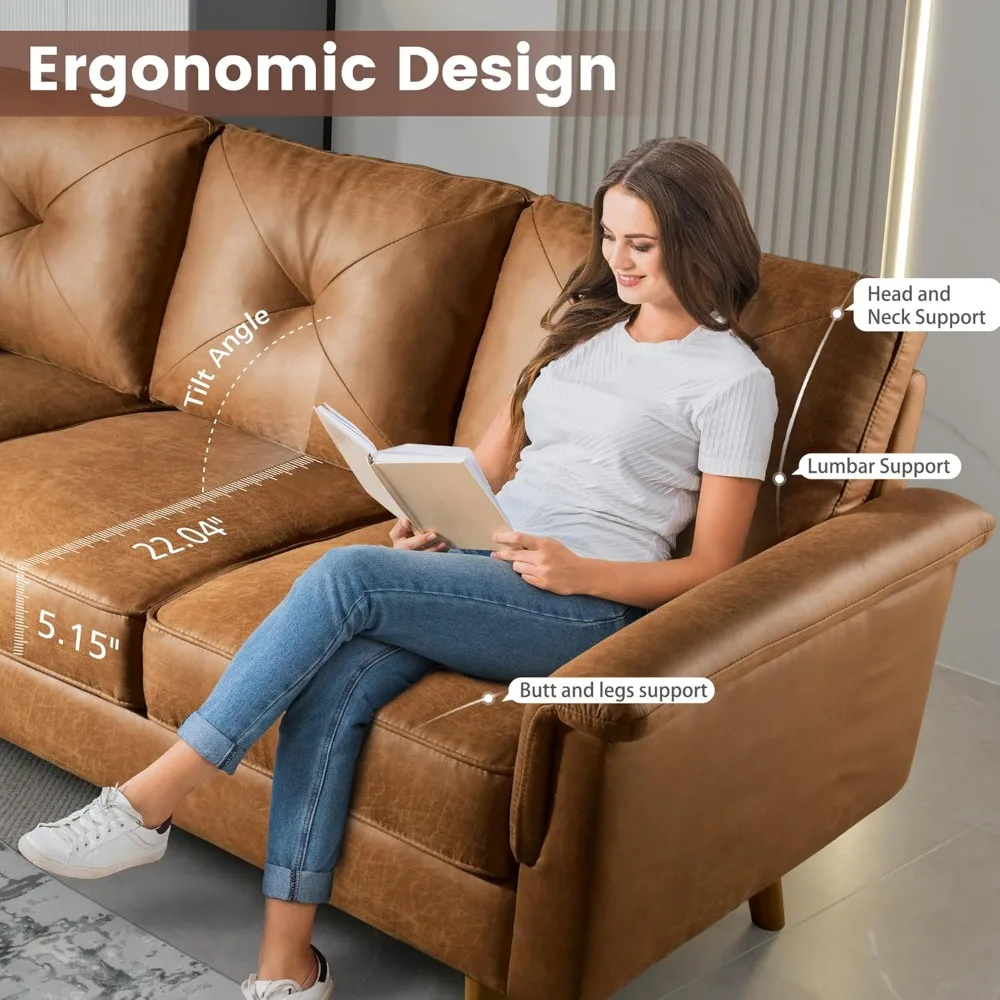 Luxury 3 Seater Sofa with Faux Leather,Mid-Century Modern Couch with Comfortable Armrest,Comfy Couches with Deep Seat