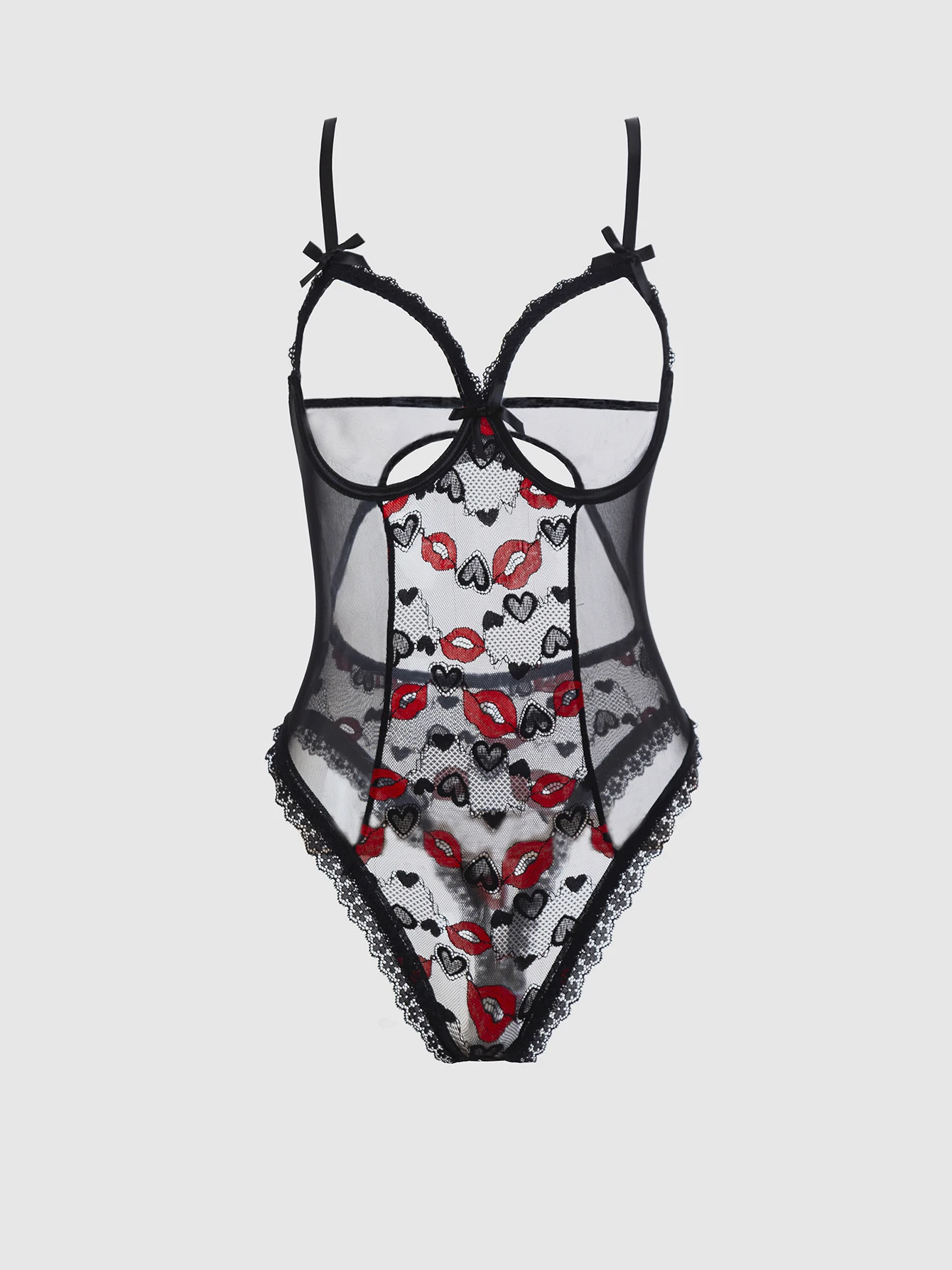 

Sexy Red Lip Heart Mesh Onesie Lace Hollow Butterfly Knot Erotic Underwear Tempting See-through Bodycon Suit