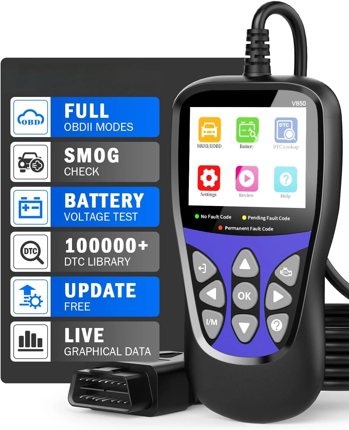 V850 Car Code Reader for Check Engine Light with Reset, CAN Diagnostic Scan Tool for All OBDII Vehicles After 1996
