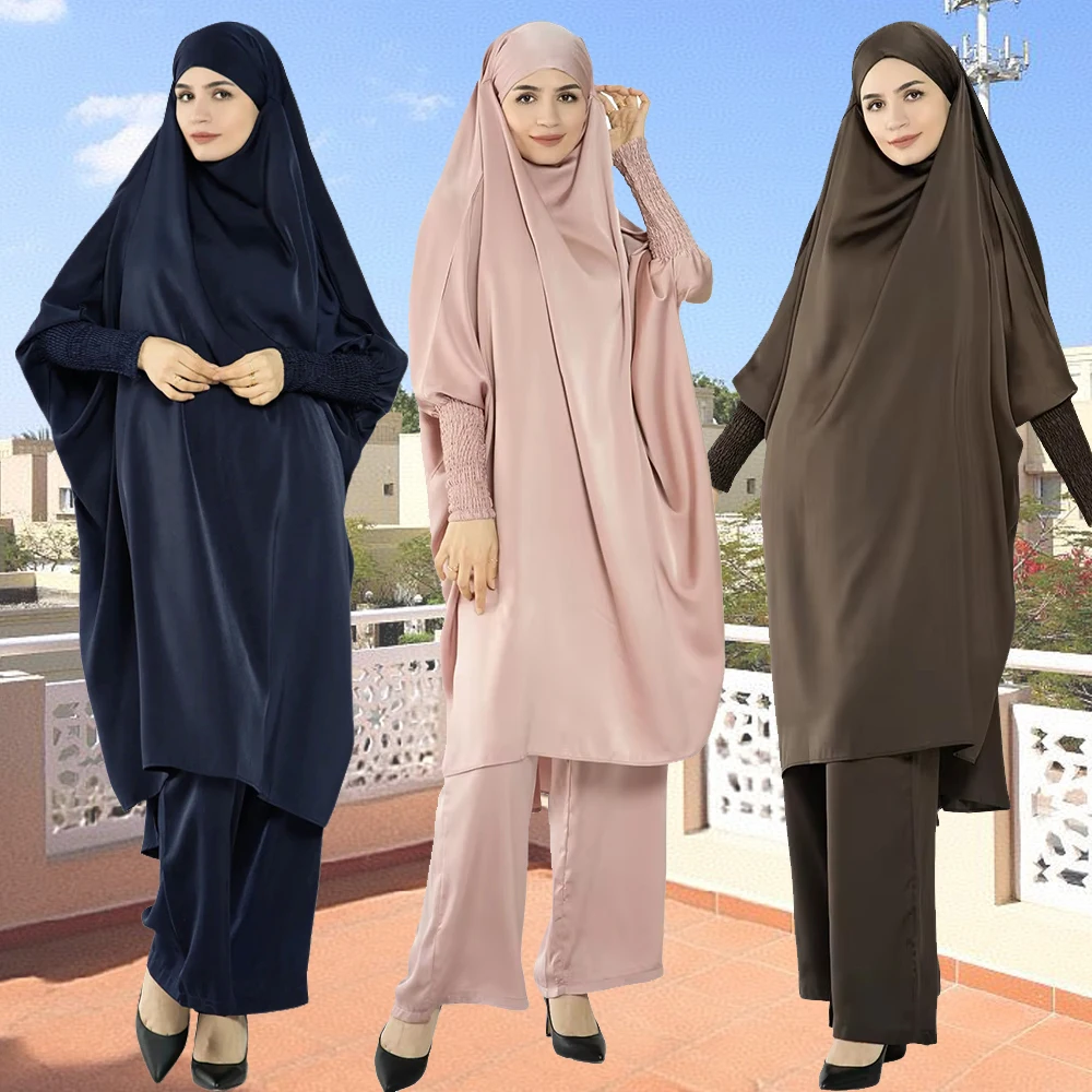 

Eid Djellaba Hooded Tops Pants Muslim Sets Women Modest Khimar Abaya Turkey Kaftan Prayer Garment Dress Jalabiya Islam Clothing