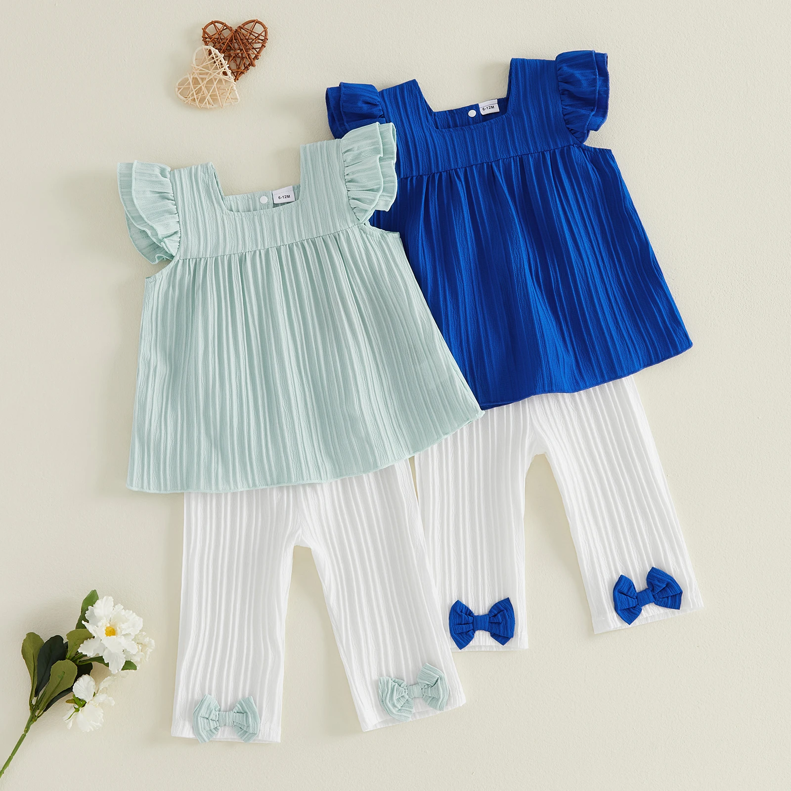 2Pcs Toddler Girls Summer Outfits Flying Sleeve Square Neck Solid Color Babydoll Vest Tops Elastic Waist Pants Set 1-4Y