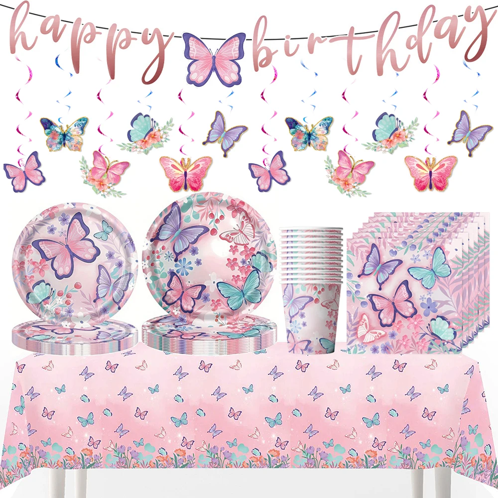 Pink Butterfly Party Disposable Tableware Paper Plate Cup Napkin Banner for Girl Birthday Party Decoration Baby Shower Supplies