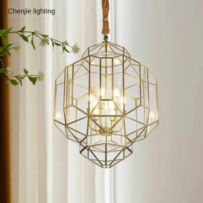 

Creative living room chandelier Dining all copper simple glass staircase corridor villa new Chinese