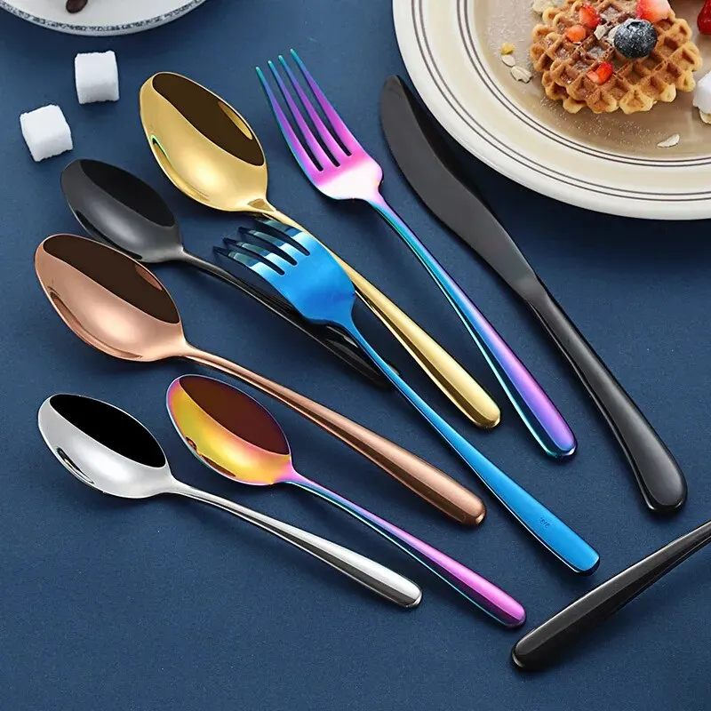 

4pcs Set, Colorful Stainless Steel Silverware, Elegant Dinner Tableware, Table Spoons, Black Flatware, Cultery Forks and Spoons
