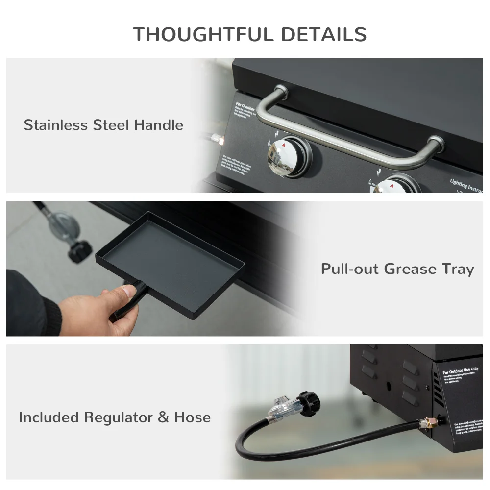 Outsunny 2 버너 프로판 가스 그릴 캠핑 피크닉 뒷마당을위한 접이식 다리 뚜껑 온도계가있는 야외 휴대용 탁상용 바베큐