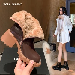 2023 Winter New Snow Boots Wool Women Ankle Boots Split Leather Warm Outdoor Casual Thick Heels Fashion Zipper Black Shoes Woman