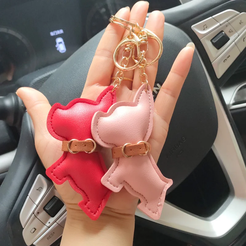 DIY Bulldog Pendant Keychains Fashion Leather Dog KeyChain for Women Bag Car Keyring Lobster Clasp Key Chain Jewelry Gifts