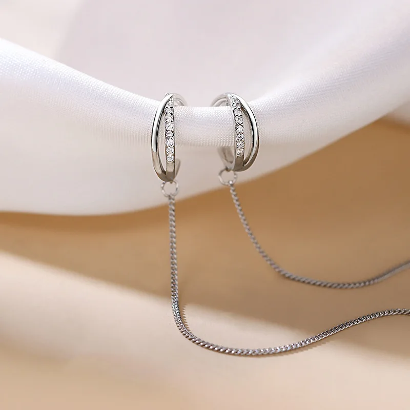 Cross Tassel Ear Wire Irregular Geometric Zircon Alloy Silver Clip On No Piercing Lightweight Daily Elegant
