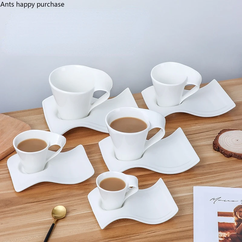 Pure White Ceramic Mug Coffee Cup and Saucer Set Milk Tea Cups Wave Coffee Mug Office Afternoon Tea Cup Milk Cups Tea Mugs