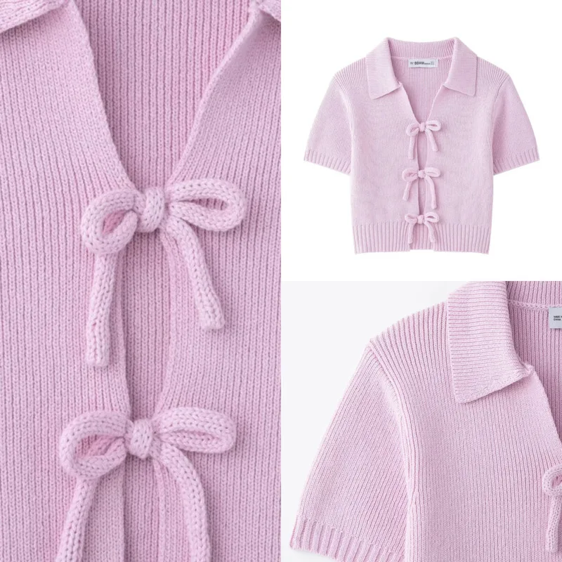 

Cute Knitted Tops Bow-lace-up Lapel Tops Fashion Turn Down Collar Hollow Cardigan Knitwear New Summer Holidays Sweet Casual Tops